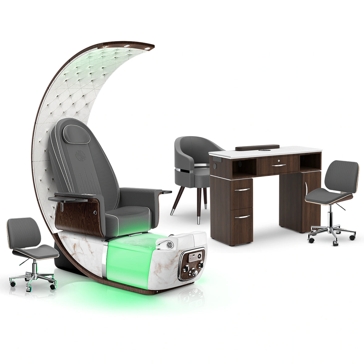 Graphite-White Moonstone-Dark Walnut - Lexor PRIVÉ Lounge Pedicure Chair and Matching VM313 Nail Table Set