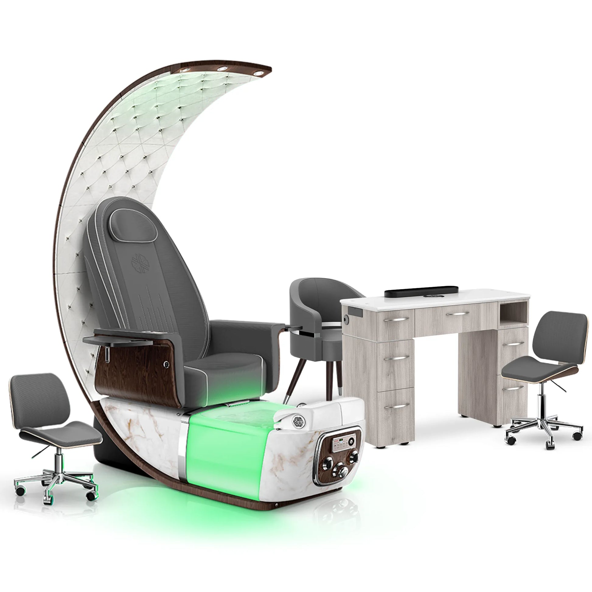 Graphite-White Moonstone-Hazel Lexor PRIVÉ Lounge Pedicure Chair and Matching VM313 Nail Table Set