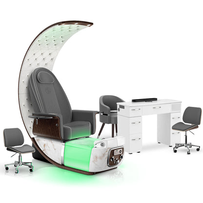 Graphite-White Moonstone-White Lexor PRIVÉ Lounge Pedicure Chair and Matching VM313 Nail Table Set
