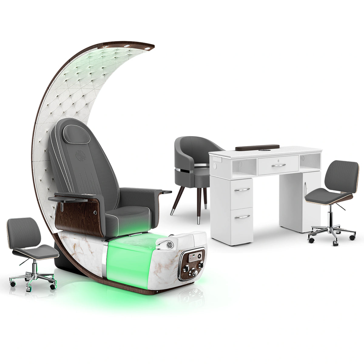 Graphite-White Moonstone-White - Lexor PRIVÉ Lounge Pedicure Chair and Matching VM313 Nail Table Set