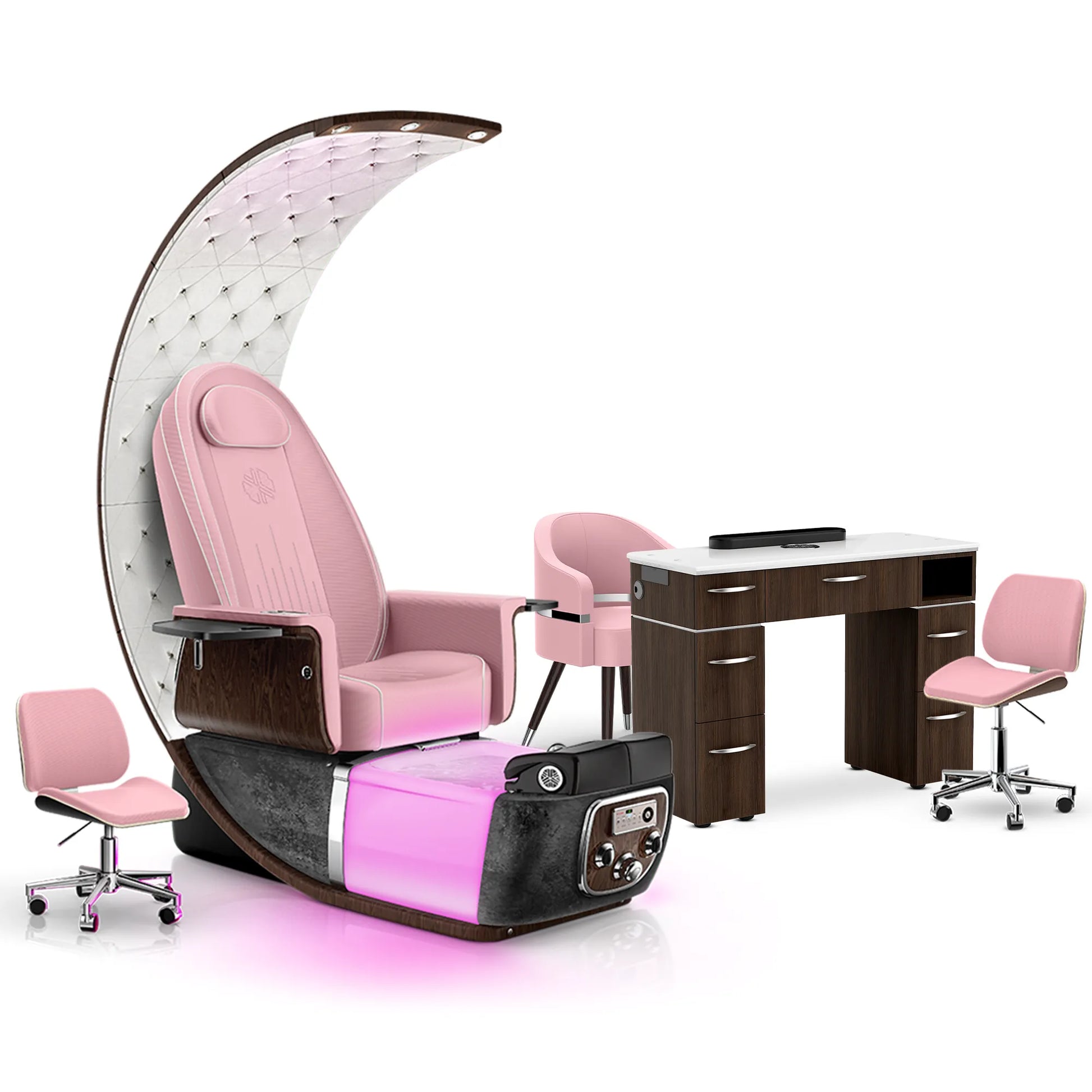 Ice Pink-Black Moonstone-Dark Walnut Lexor PRIVÉ Lounge Pedicure Chair and Matching VM313 Nail Table Set