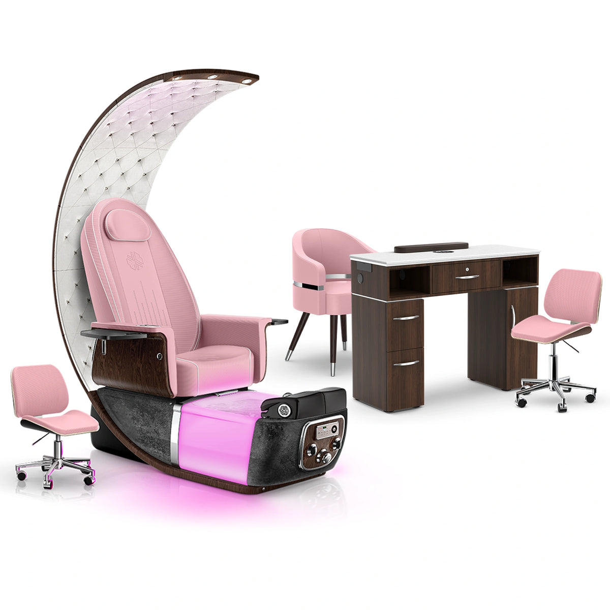 Ice Pink-Black Moonstone-Dark Walnut - Lexor PRIVÉ Lounge Pedicure Chair and Matching VM313 Nail Table Set