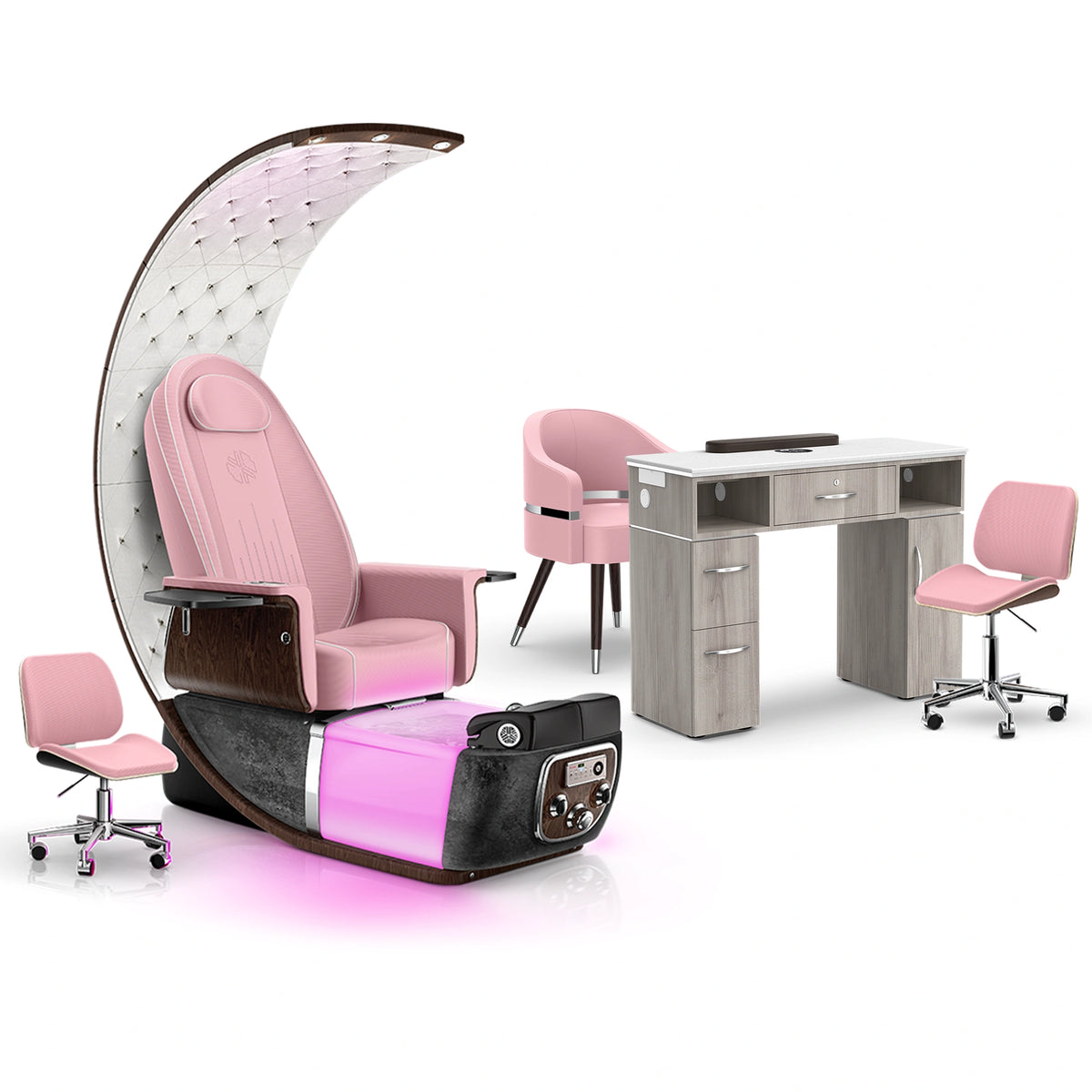 Ice Pink-Black Moonstone-Hazel - Lexor PRIVÉ Lounge Pedicure Chair and Matching VM313 Nail Table Set