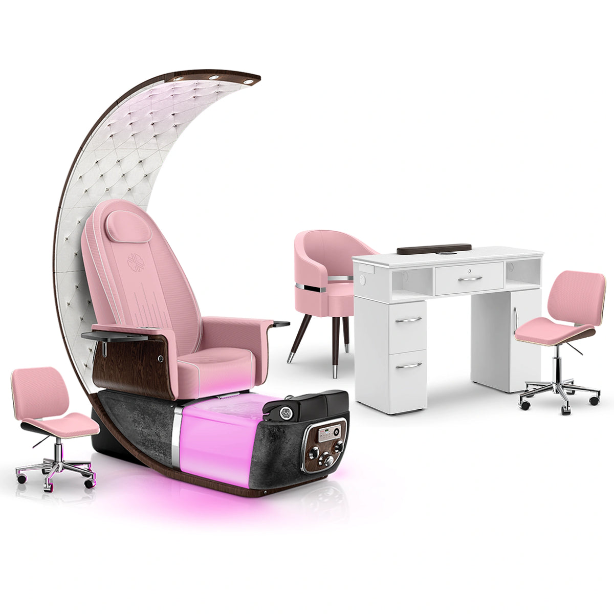 Ice Pink-Black Moonstone-White - Lexor PRIVÉ Lounge Pedicure Chair and Matching VM313 Nail Table Set