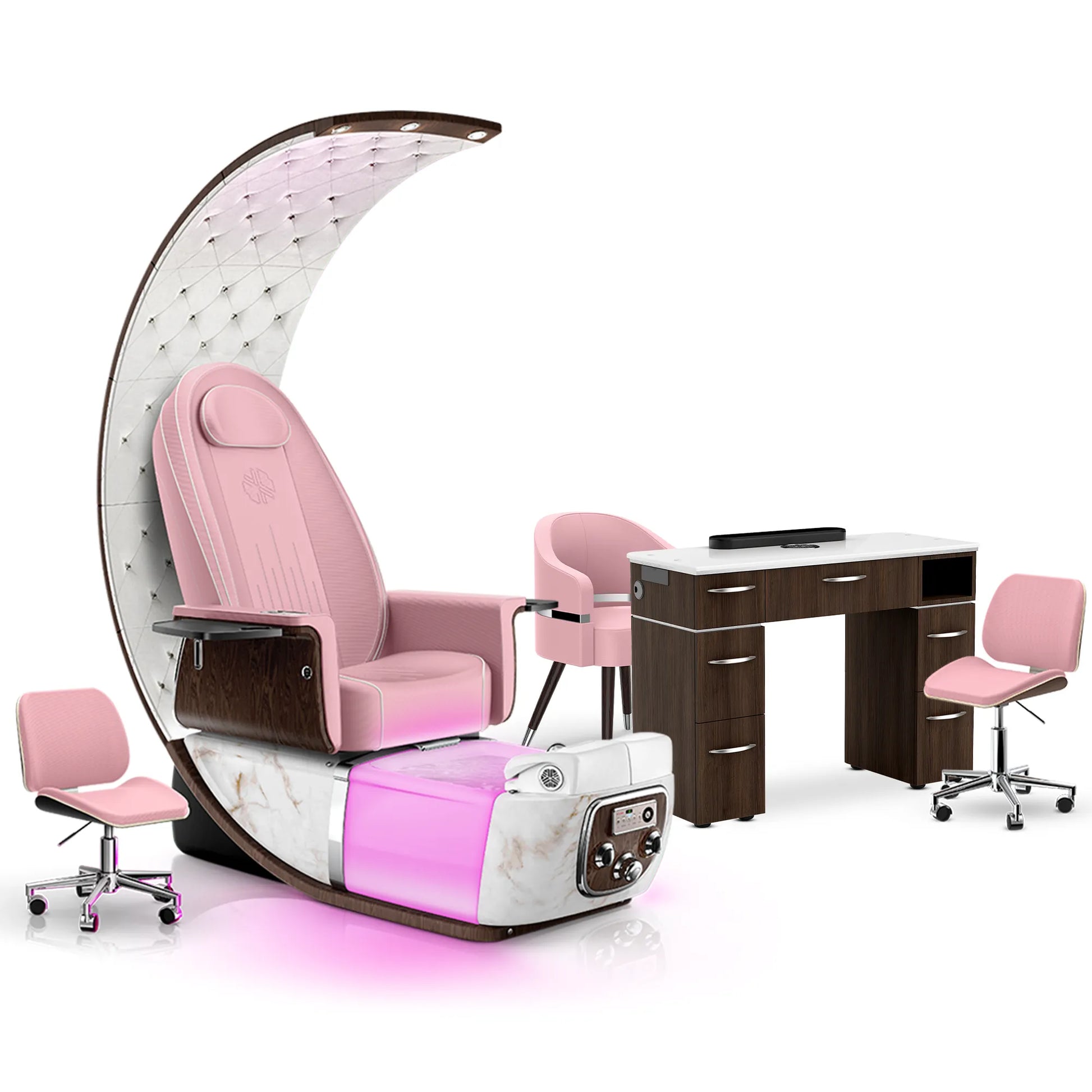 Ice Pink-White Moonstone-Dark Walnut Lexor PRIVÉ Lounge Pedicure Chair and Matching VM313 Nail Table Set