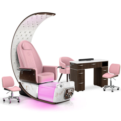 Ice Pink-White Moonstone-Dark Walnut Lexor PRIVÉ Lounge Pedicure Chair and Matching VM313 Nail Table Set