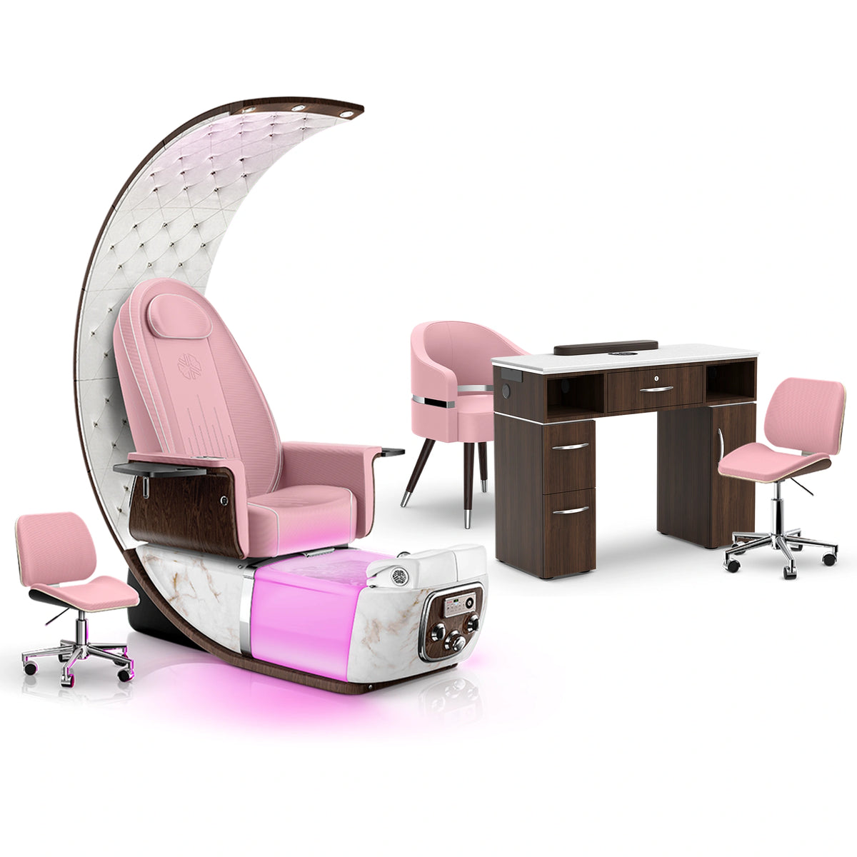 Ice Pink-White Moonstone-Dark Walnut - Lexor PRIVÉ Lounge Pedicure Chair and Matching VM313 Nail Table Set