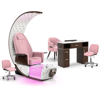 Ice Pink-White Moonstone-Dark Walnut - Lexor PRIVÉ Lounge Pedicure Chair and Matching VM313 Nail Table Set
