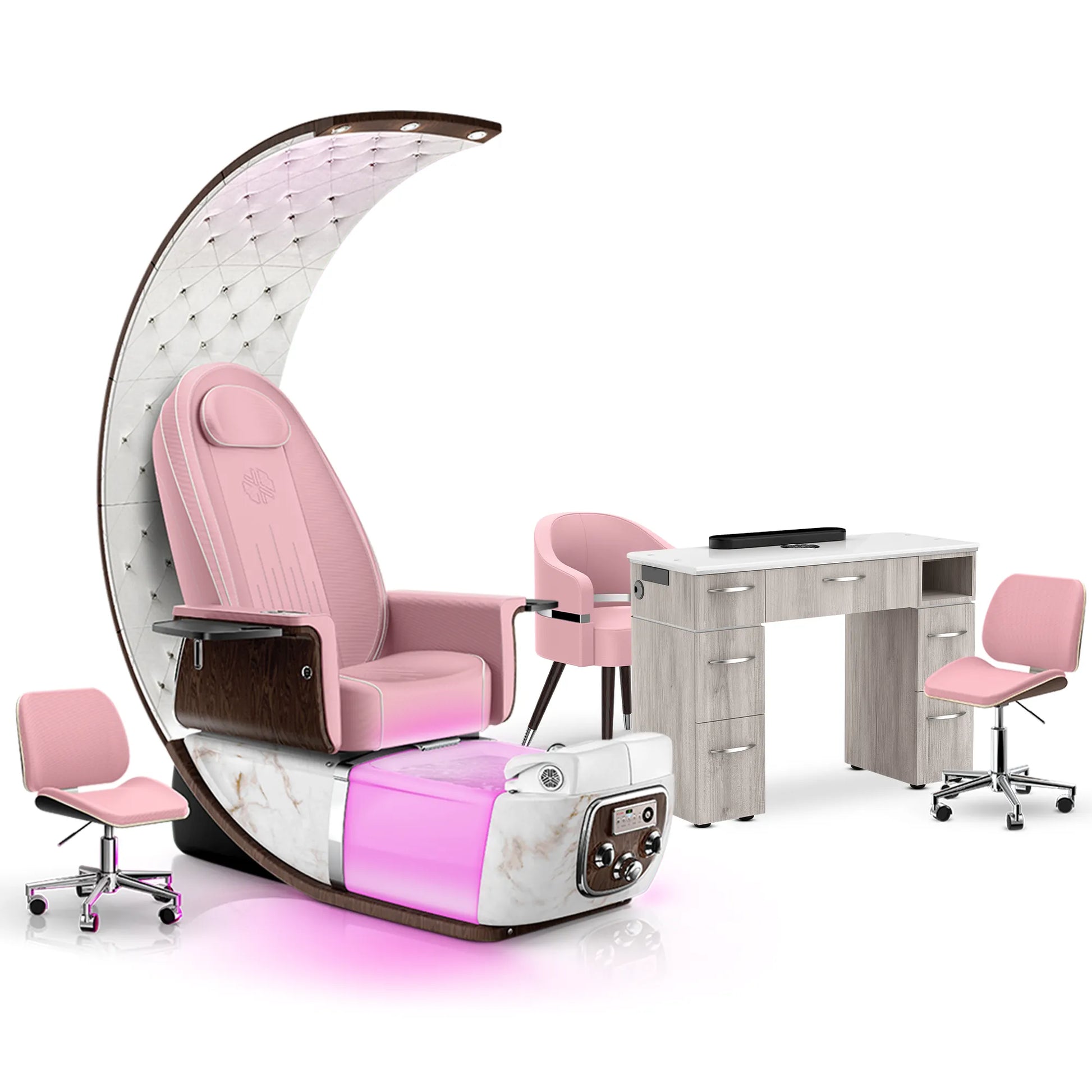 Ice Pink-White Moonstone-Hazel Lexor PRIVÉ Lounge Pedicure Chair and Matching VM313 Nail Table Set