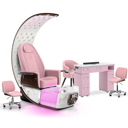 Ice Pink-White Moonstone-Pink Lexor PRIVÉ Lounge Pedicure Chair and Matching VM313 Nail Table Set