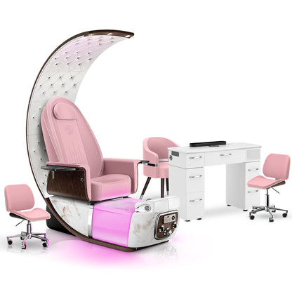 Ice Pink-White Moonstone-White Lexor PRIVÉ Lounge Pedicure Chair and Matching VM313 Nail Table Set
