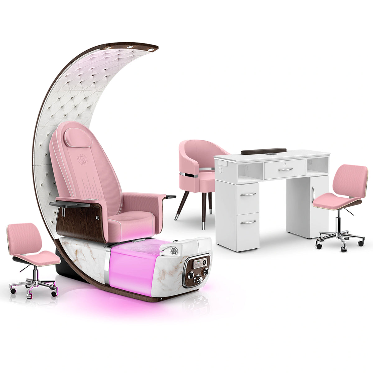 Ice Pink-White Moonstone-White - Lexor PRIVÉ Lounge Pedicure Chair and Matching VM313 Nail Table Set