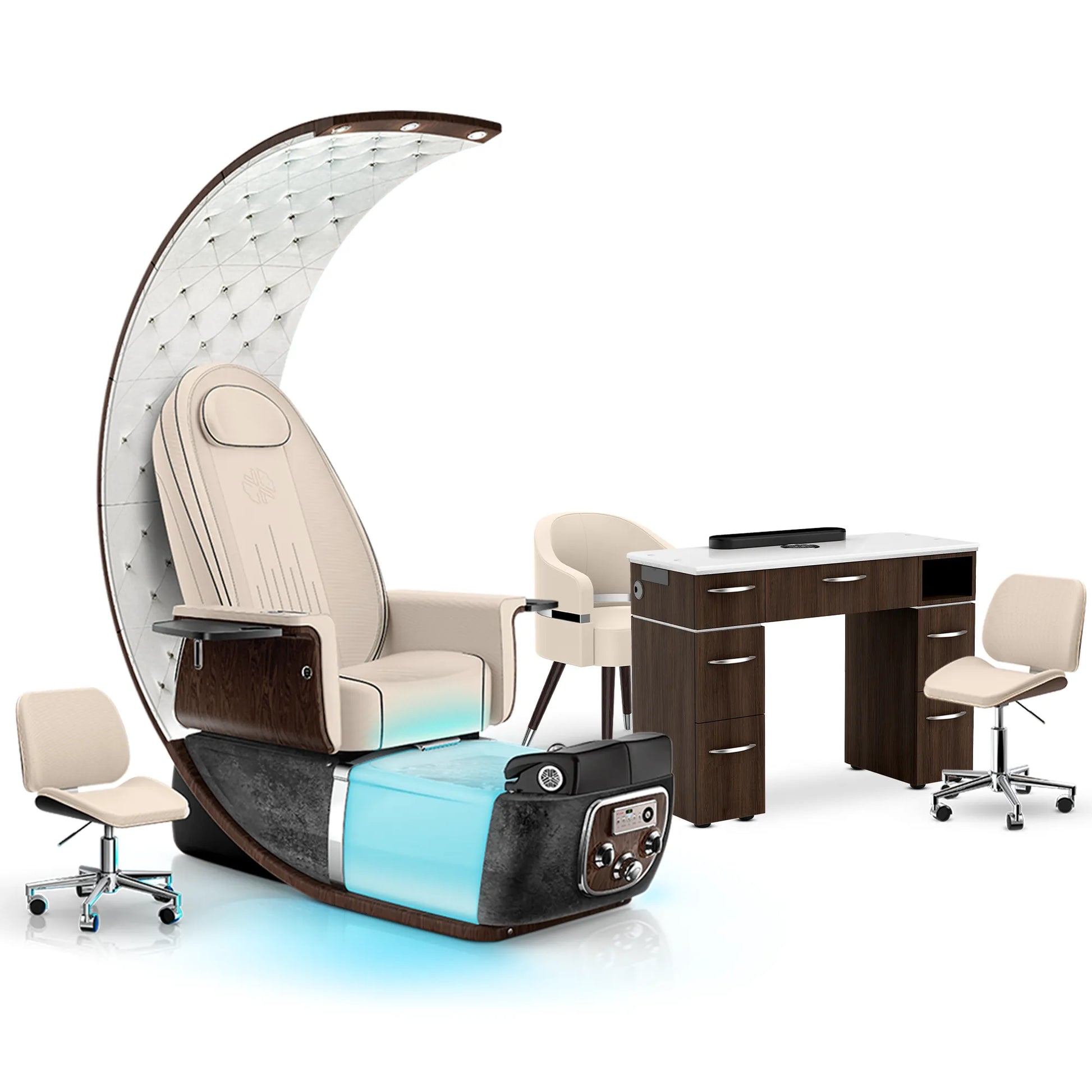 Ivory-Black Moonstone-Dark Walnut Lexor PRIVÉ Lounge Pedicure Chair and Matching VM313 Nail Table Set