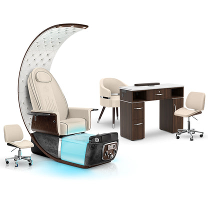 Ivory-Black Moonstone-Dark Walnut - Lexor PRIVÉ Lounge Pedicure Chair and Matching VM313 Nail Table Set
