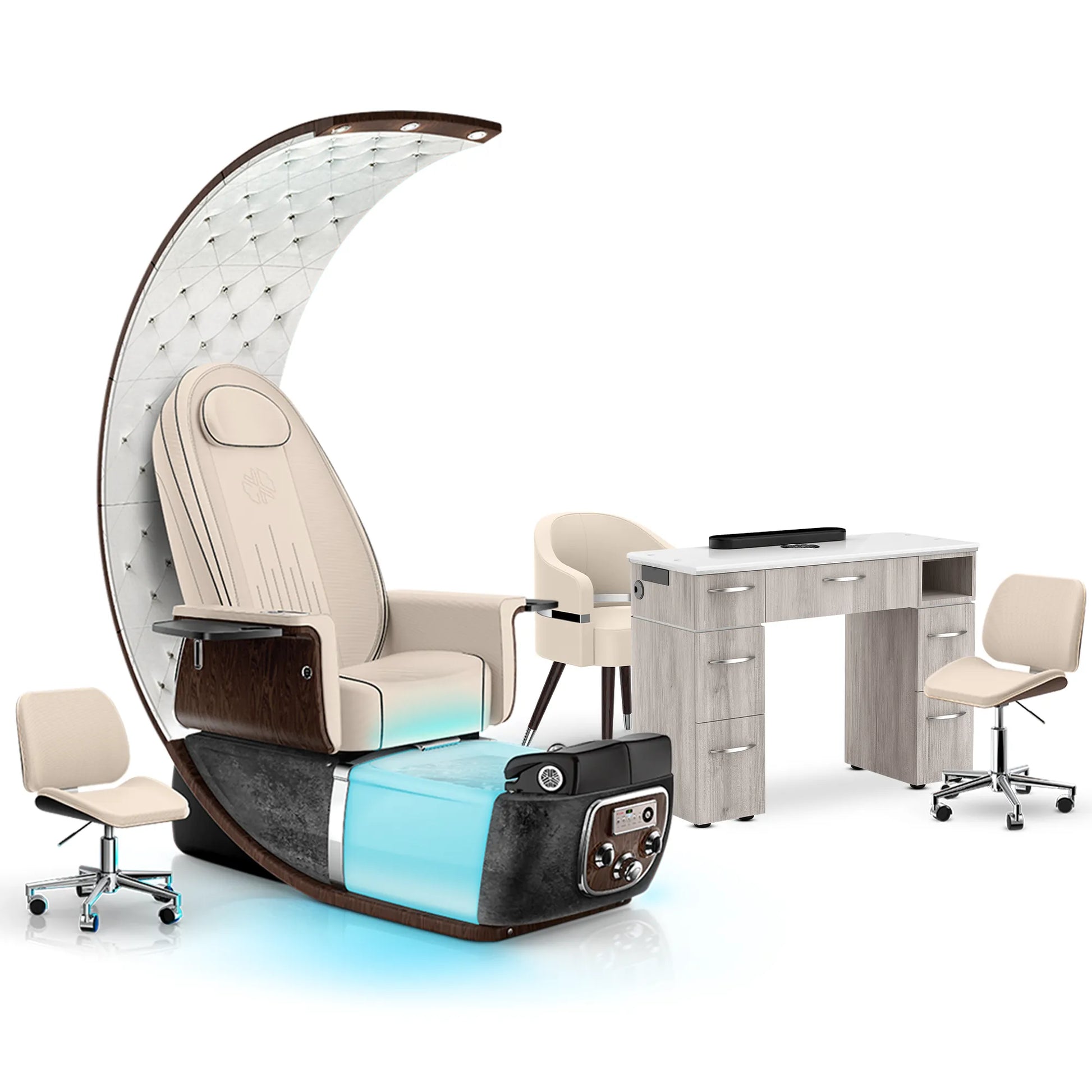 Ivory-Black Moonstone-Hazel Lexor PRIVÉ Lounge Pedicure Chair and Matching VM313 Nail Table Set