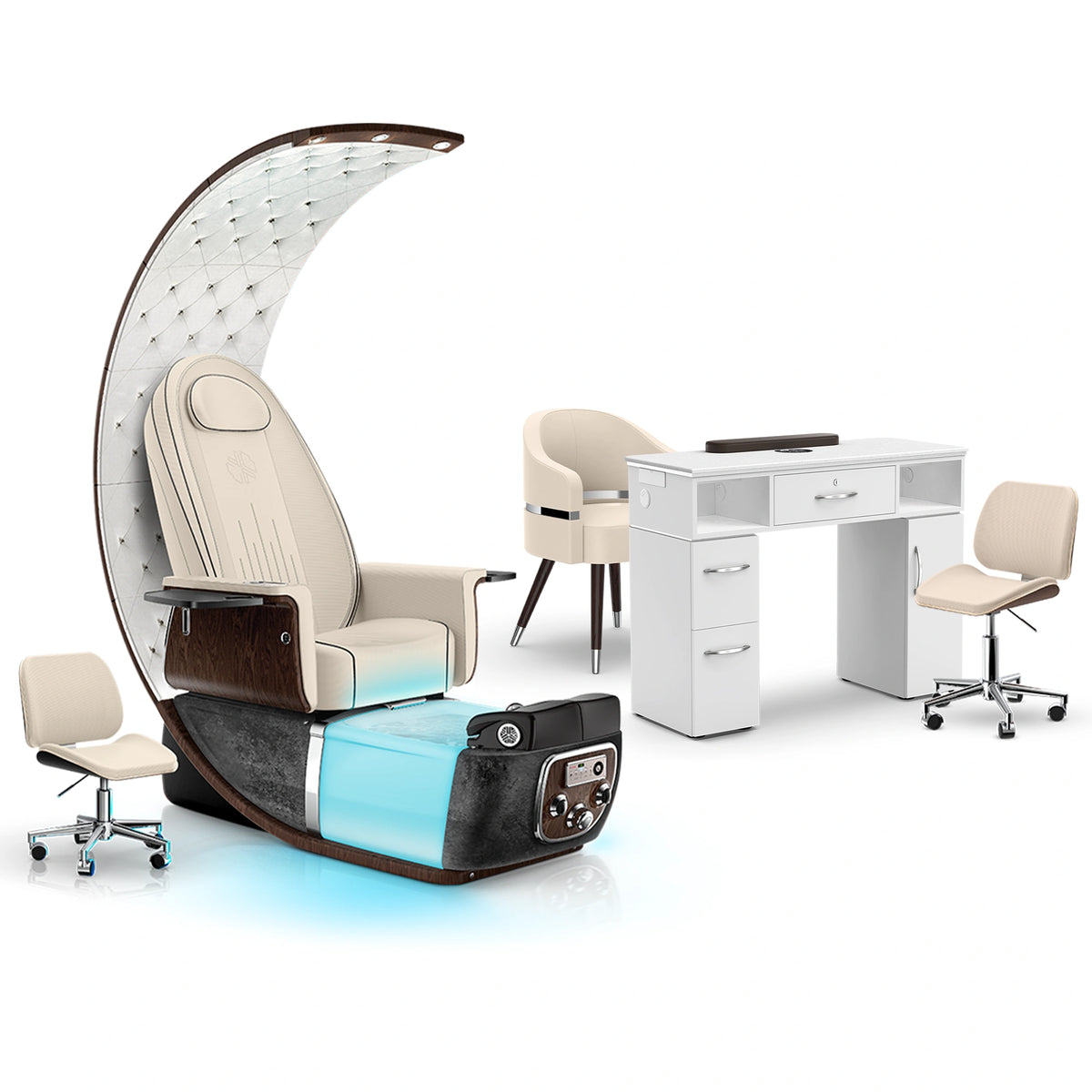 Ivory-Black Moonstone-White - Lexor PRIVÉ Lounge Pedicure Chair and Matching VM313 Nail Table Set