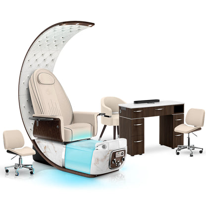 Ivory-White Moonstone-Dark Walnut Lexor PRIVÉ Lounge Pedicure Chair and Matching VM313 Nail Table Set
