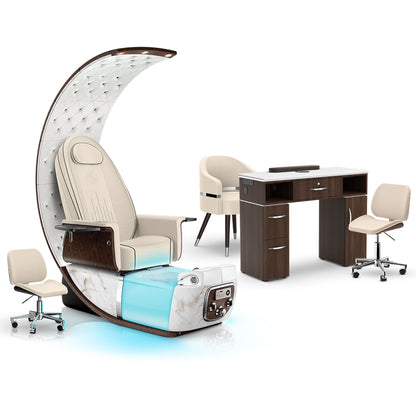 Ivory-White Moonstone-Dark Walnut - Lexor PRIVÉ Lounge Pedicure Chair and Matching VM313 Nail Table Set