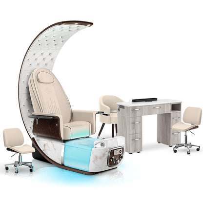 Ivory-White Moonstone-Hazel Lexor PRIVÉ Lounge Pedicure Chair and Matching VM313 Nail Table Set