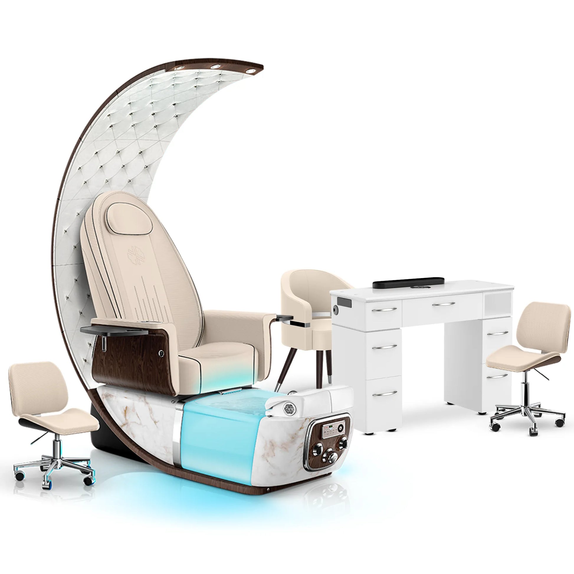 Ivory-White Moonstone-White Lexor PRIVÉ Lounge Pedicure Chair and Matching VM313 Nail Table Set
