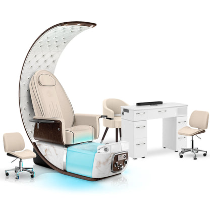 Ivory-White Moonstone-White Lexor PRIVÉ Lounge Pedicure Chair and Matching VM313 Nail Table Set