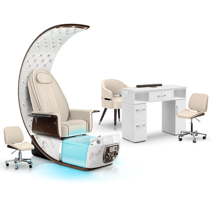 Ivory-White Moonstone-White - Lexor PRIVÉ Lounge Pedicure Chair and Matching VM313 Nail Table Set