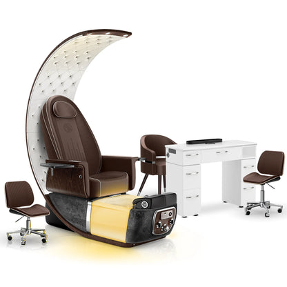 Mocha-Black Moonstone-White Lexor PRIVÉ Lounge Pedicure Chair and Matching VM313 Nail Table Set