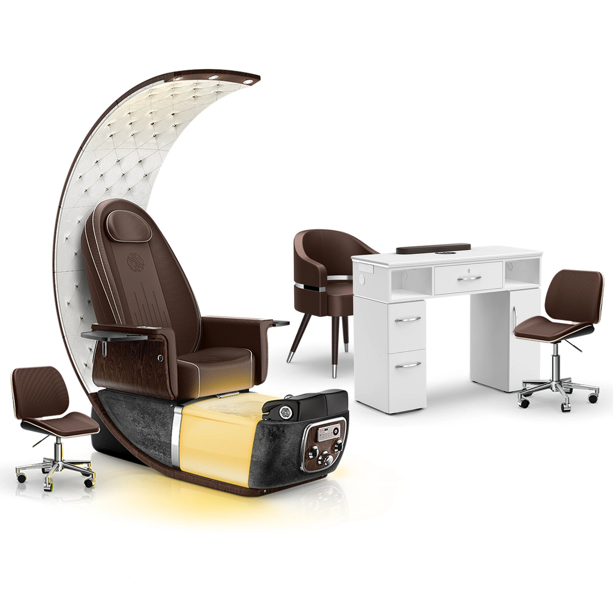 Mocha-Black Moonstone-White - Lexor PRIVÉ Lounge Pedicure Chair and Matching VM313 Nail Table Set