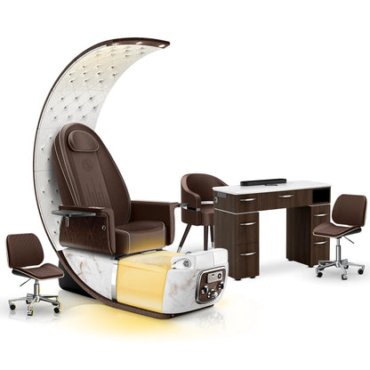 Mocha-White Moonstone-Dark Walnut Lexor PRIVÉ Lounge Pedicure Chair and Matching VM313 Nail Table Set