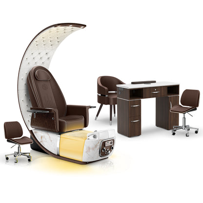 Mocha-White Moonstone-Dark Walnut - Lexor PRIVÉ Lounge Pedicure Chair and Matching VM313 Nail Table Set