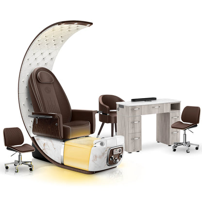 Mocha-White Moonstone-Hazel Lexor PRIVÉ Lounge Pedicure Chair and Matching VM313 Nail Table Set