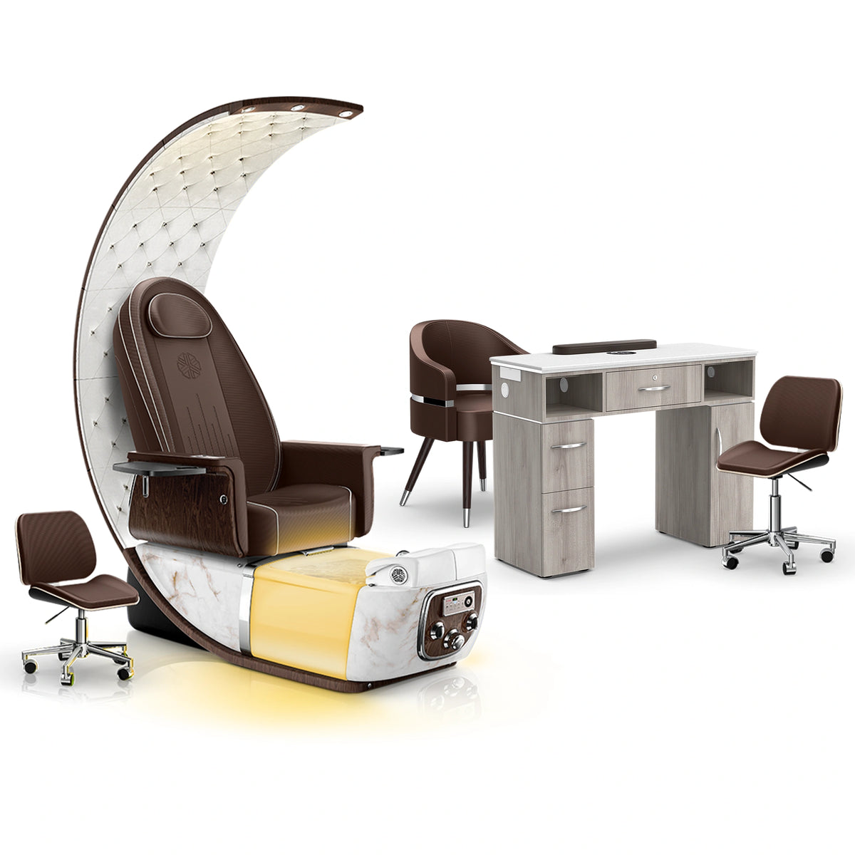 Mocha-White Moonstone-Hazel - Lexor PRIVÉ Lounge Pedicure Chair and Matching VM313 Nail Table Set