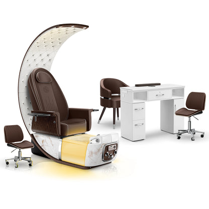Mocha-White Moonstone-White - Lexor PRIVÉ Lounge Pedicure Chair and Matching VM313 Nail Table Set