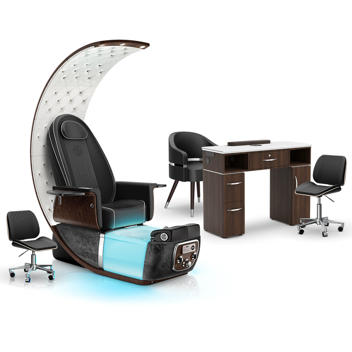 Noir-Black Moonstone-Dark Walnut - Lexor PRIVÉ Lounge Pedicure Chair and Matching VM313 Nail Table Set