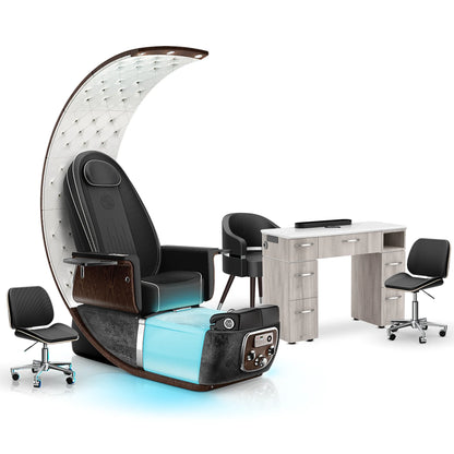 Noir-pr-Black Moonstone-White Lexor PRIVÉ Lounge Pedicure Chair and Matching VM313 Nail Table Set