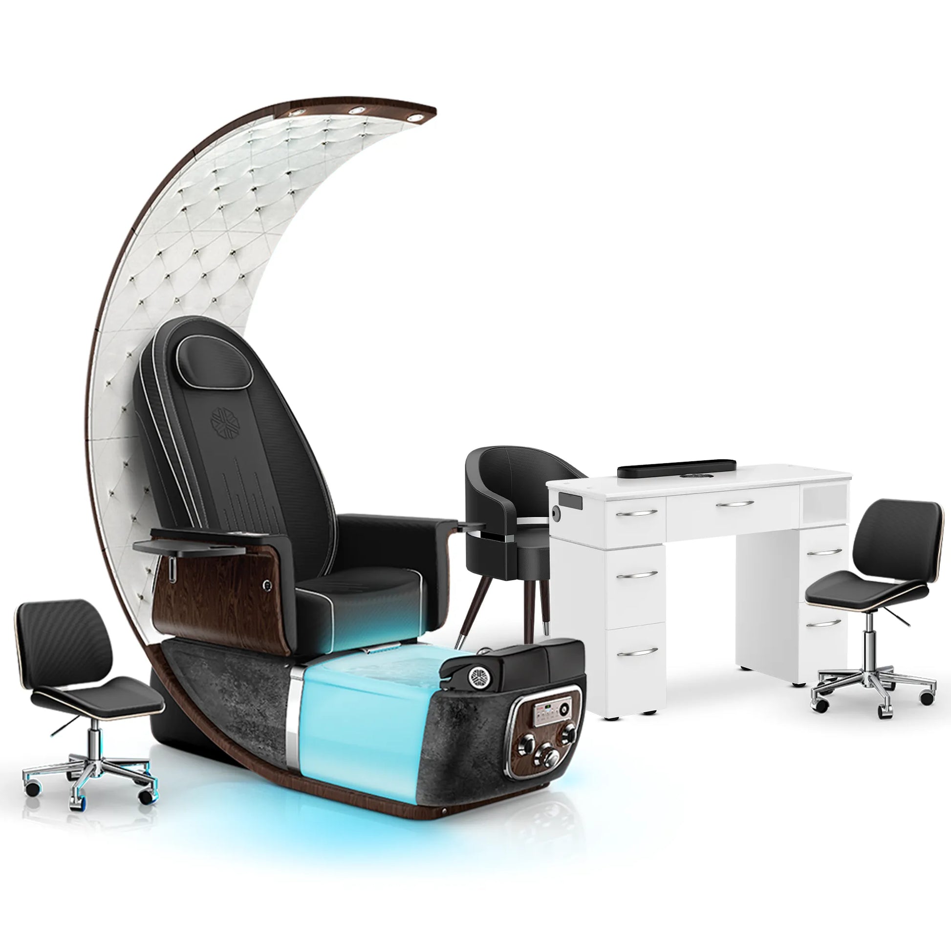 Noir-pr-Black Moonstone-Hazel Lexor PRIVÉ Lounge Pedicure Chair and Matching VM313 Nail Table Set