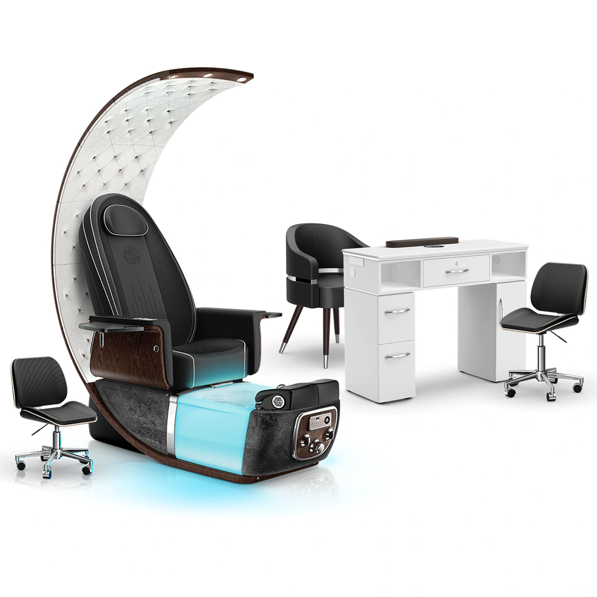 Noir-Black Moonstone-White - Lexor PRIVÉ Lounge Pedicure Chair and Matching VM313 Nail Table Set