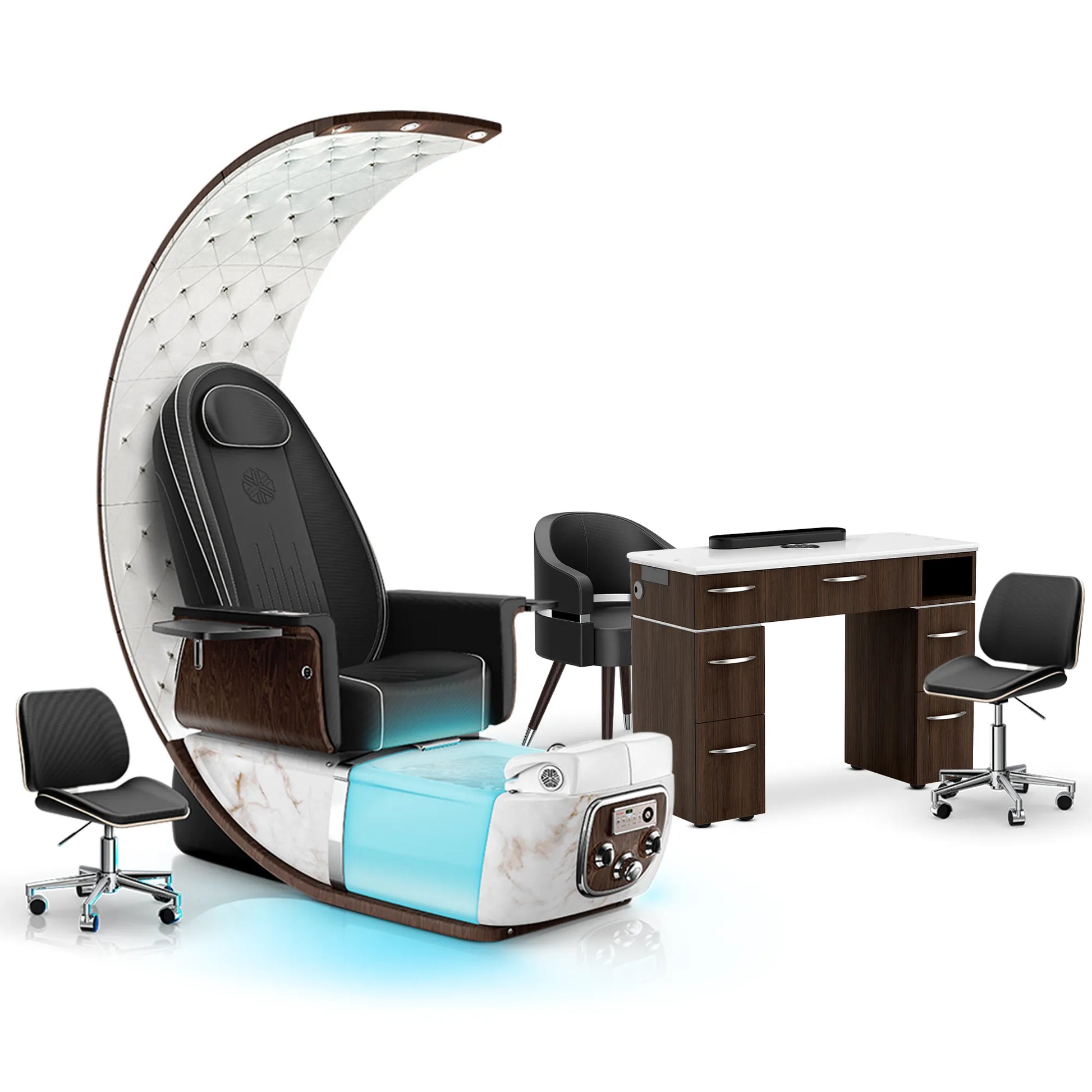 Noir-pr-White Moonstone-Dark Walnut Lexor PRIVÉ Lounge Pedicure Chair and Matching VM313 Nail Table Set