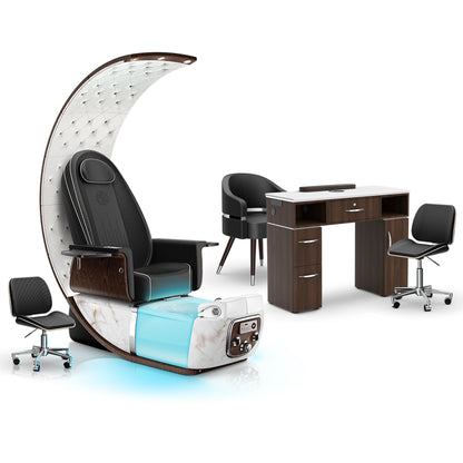 Noir-White Moonstone-Dark Walnut - Lexor PRIVÉ Lounge Pedicure Chair and Matching VM313 Nail Table Set