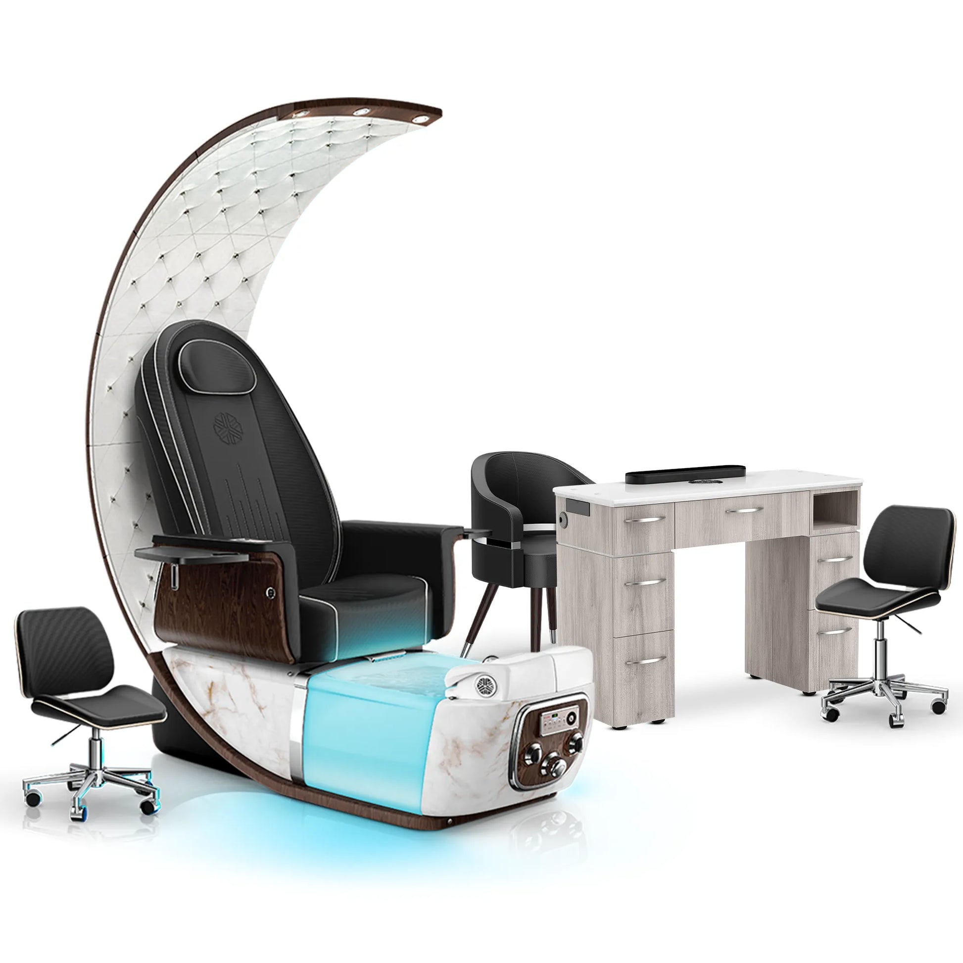 Noir-pr-White Moonstone-Hazel Lexor PRIVÉ Lounge Pedicure Chair and Matching VM313 Nail Table Set