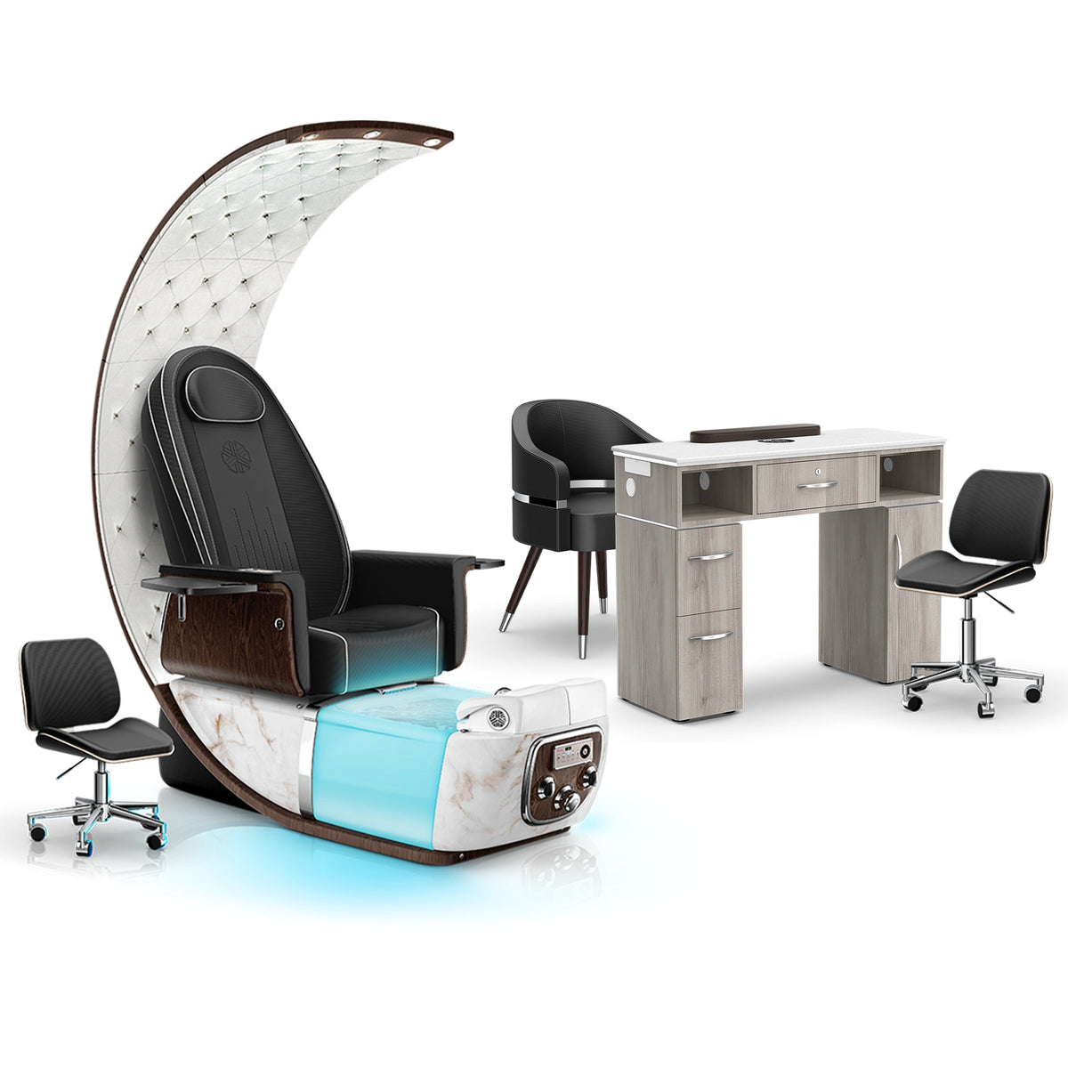 Noir-White Moonstone-Hazel - Lexor PRIVÉ Lounge Pedicure Chair and Matching VM313 Nail Table Set