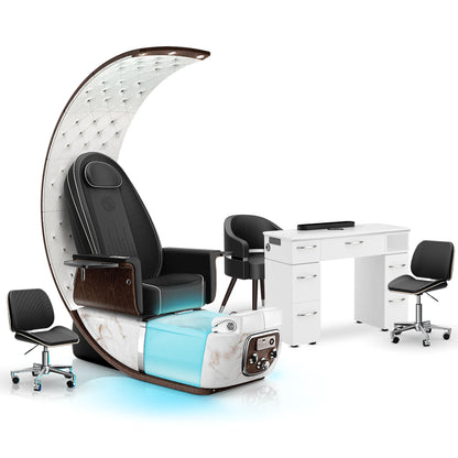 Noir-pr-White Moonstone-White Lexor PRIVÉ Lounge Pedicure Chair and Matching VM313 Nail Table Set