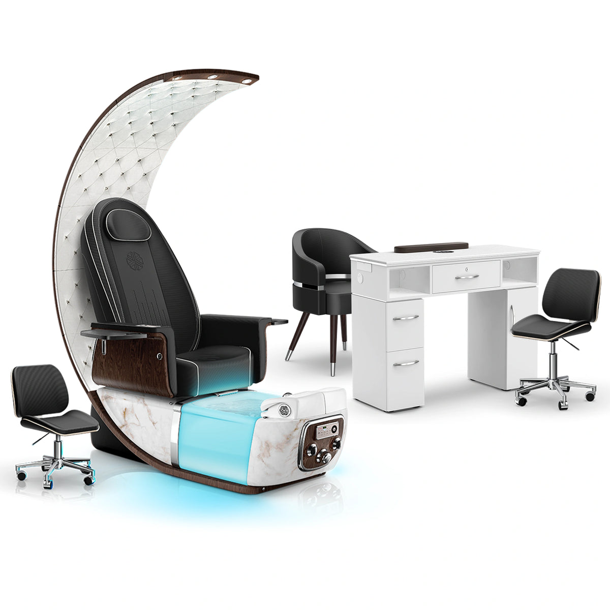 Noir-White Moonstone-White - Lexor PRIVÉ Lounge Pedicure Chair and Matching VM313 Nail Table Set