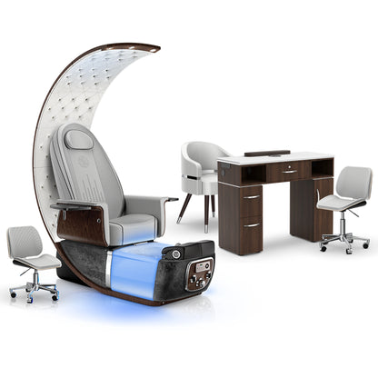Platinum-Black Moonstone-Dark Walnut -  Lexor PRIVÉ Lounge Pedicure Chair and Matching Vm313 Nail Table Set