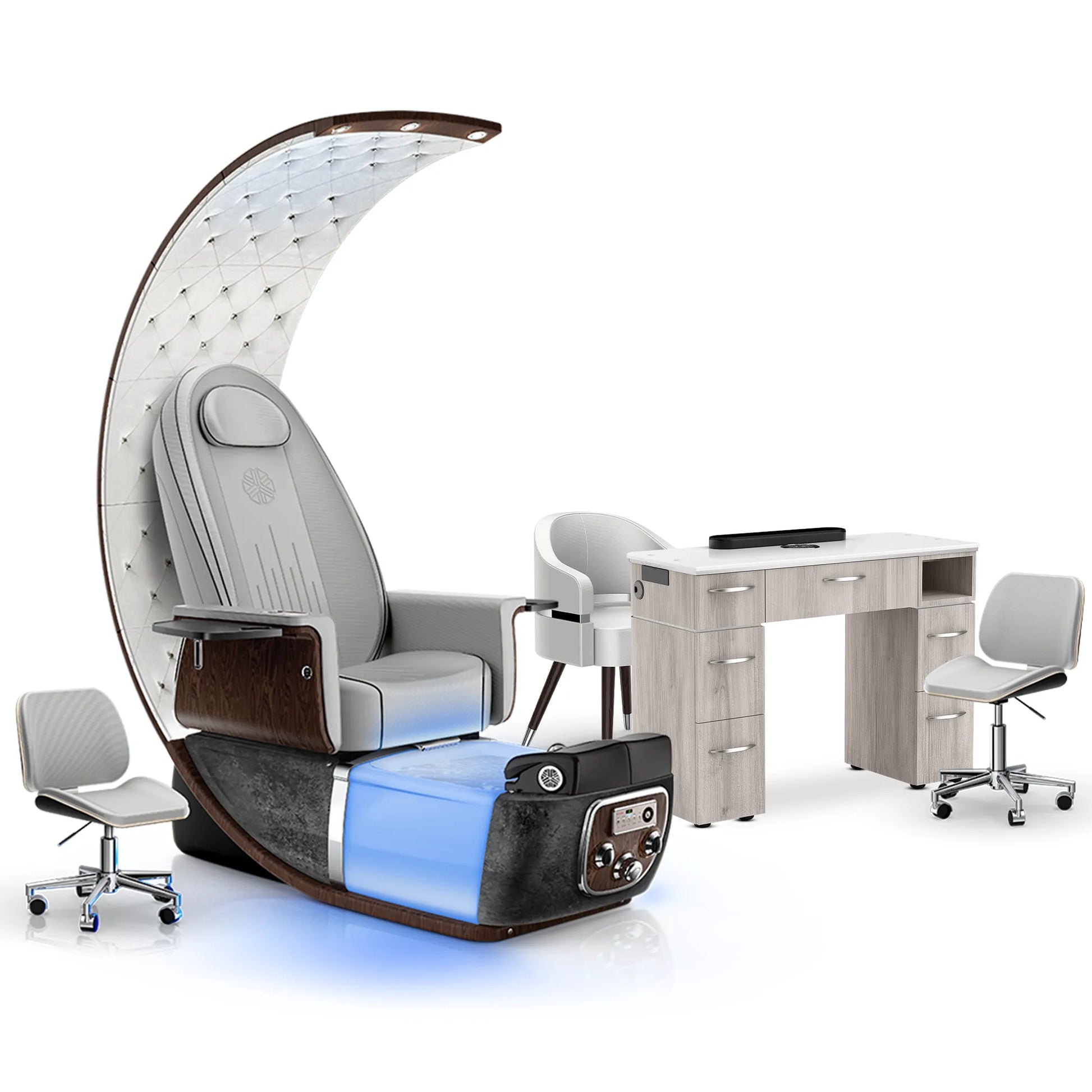 Platinum-pr-Black Moonstone-Hazel Lexor PRIVÉ Lounge Pedicure Chair and Matching VM313 Nail Table Set