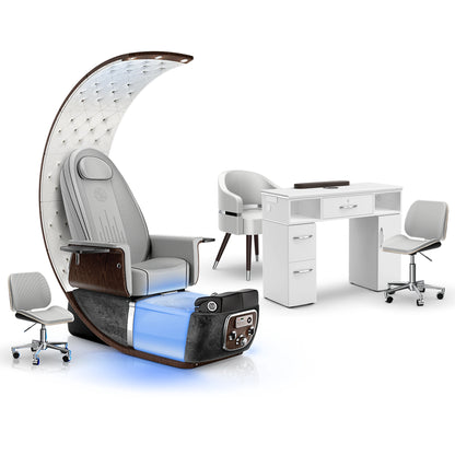 Platinum-Black Moonstone-White - Lexor PRIVÉ Lounge Pedicure Chair and Matching VM313 Nail Table Set