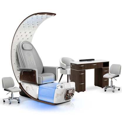 Platinum-pr-White Moonstone-Dark Walnut Lexor PRIVÉ Lounge Pedicure Chair and Matching VM313 Nail Table Set