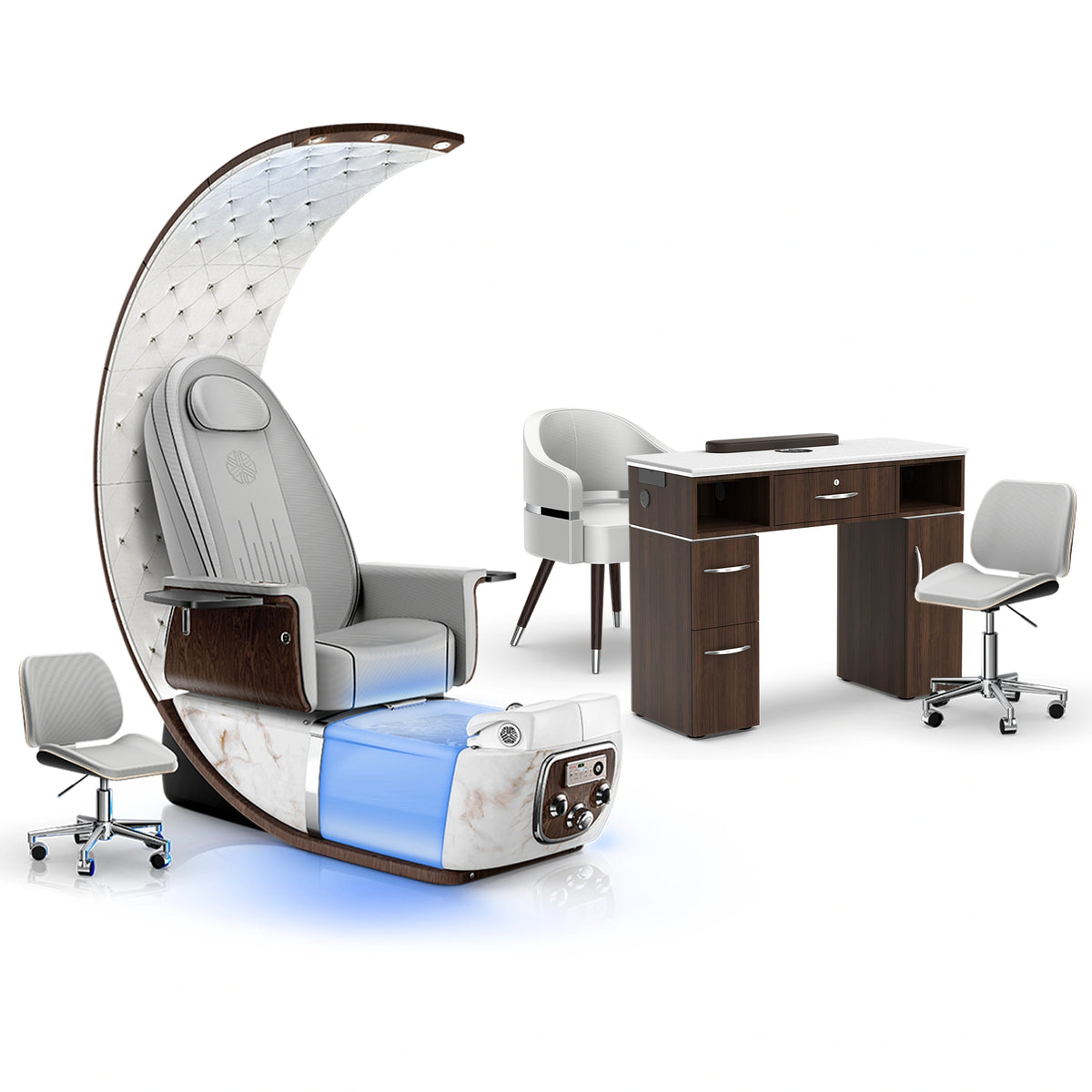 Platinum-White Moonstone-Dark Walnut - Lexor PRIVÉ Lounge Pedicure Chair and Matching VM313 Nail Table Set