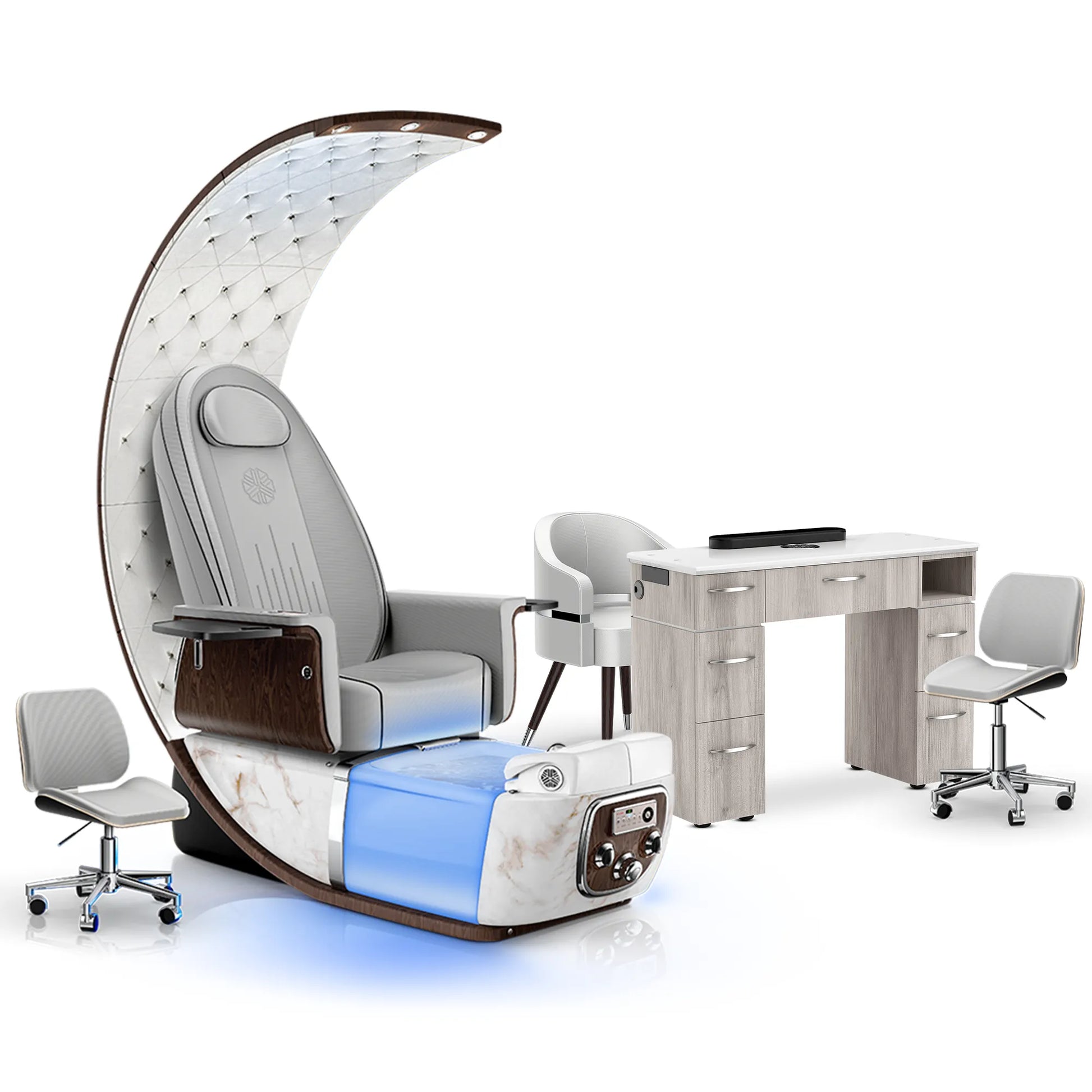 Platinum-pr-White Moonstone-Hazel Lexor PRIVÉ Lounge Pedicure Chair and Matching VM313 Nail Table Set