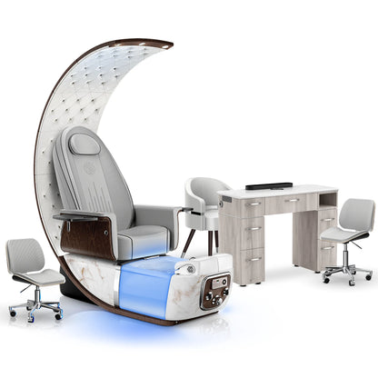 Platinum-pr-White Moonstone-Hazel Lexor PRIVÉ Lounge Pedicure Chair and Matching VM313 Nail Table Set